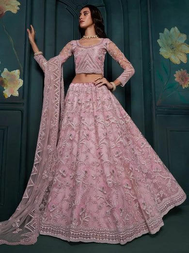 Alluring Pink Color Embroidered Net Bridesmaid Lehenga Choli - Ethnic Plus In